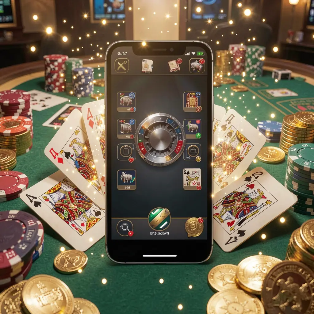 top786 mobile gaming application concept featuring a smartphone surrounded by playing cards, roulette chips, gold coins, and sparkling lights in a premium casino style