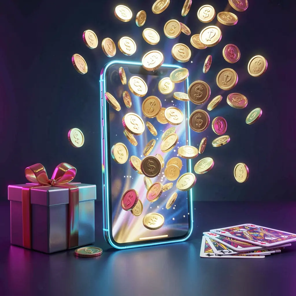 Top786 mobile casino bonus banner featuring a smartphone with coins bursting from the screen, a gift box and playing cards nearby, all illuminated by a bright neon glow in a premium realistic 3D render
