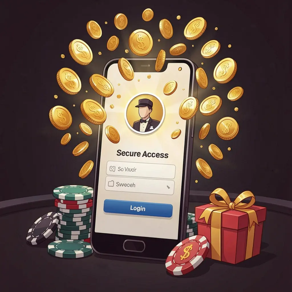 top786 casino user login illustration showing a phone with a secure access icon, golden coins bursting from the screen, poker chips and a gift box nearby on a dark premium background