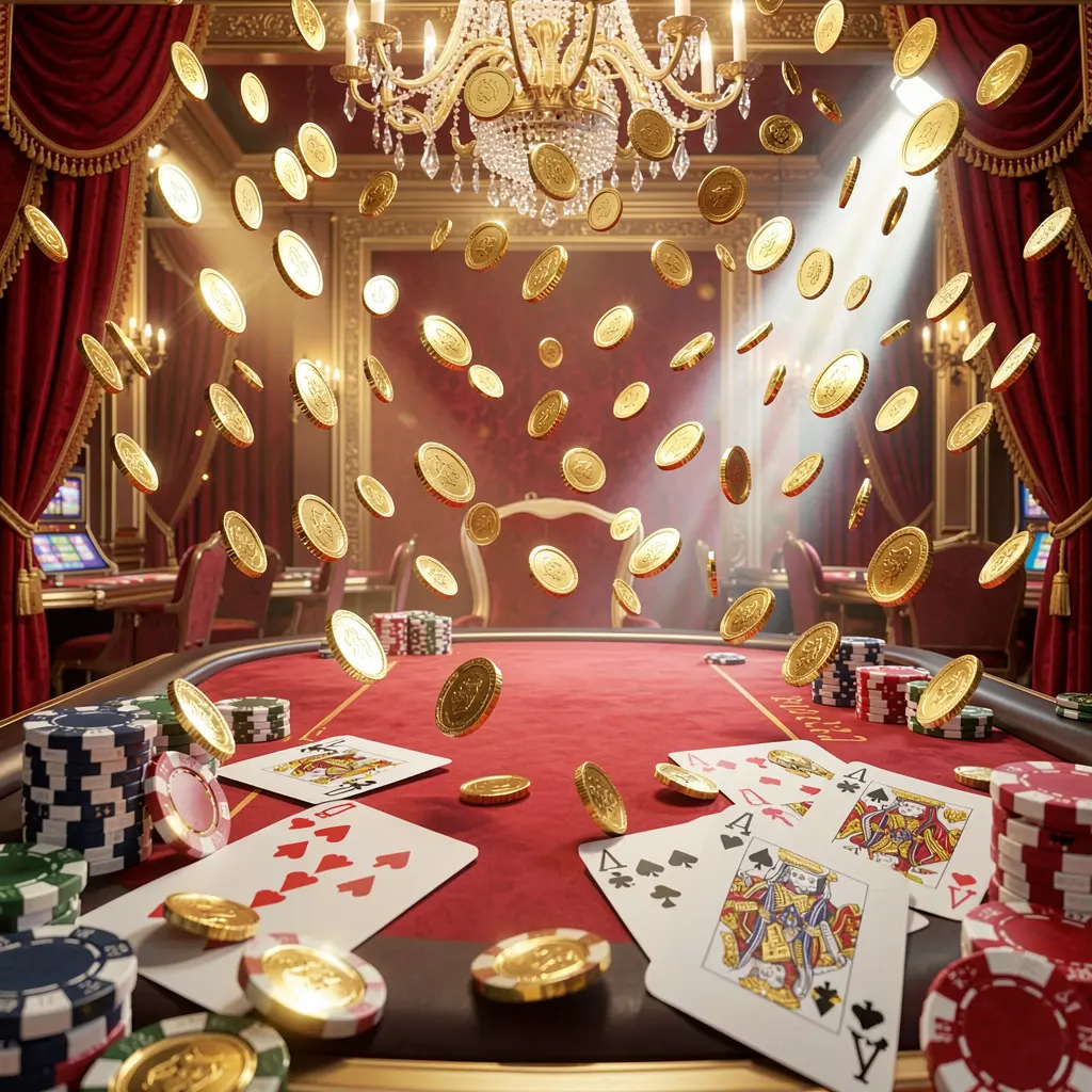 top786 online gaming platform homepage banner featuring bright casino lights, golden coins raining, poker chips and playing cards in the foreground with a luxury red and gold atmosphere in a high detail 3D render